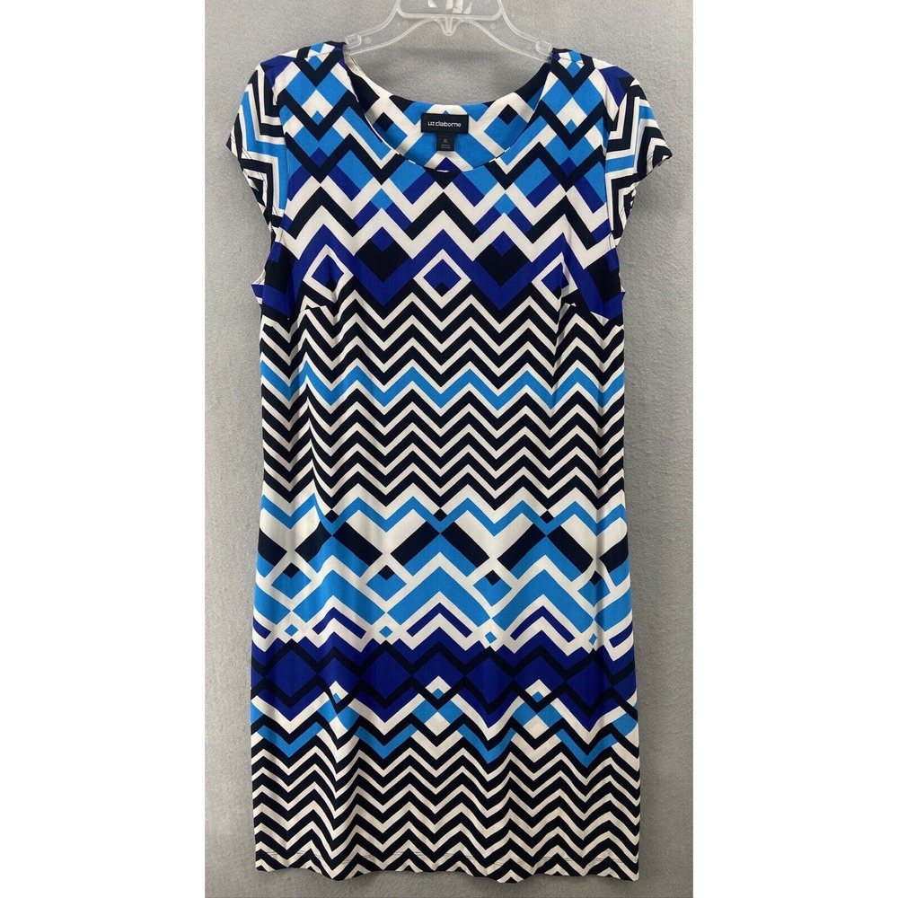 Liz Claiborne Dress Women’s Sz XL Blue Black‎ Geometric Shift Short Sleeve